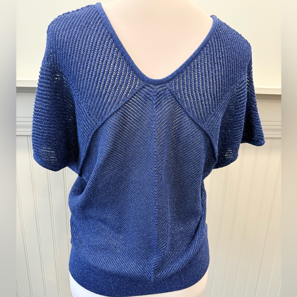 Express Metallic Blue Semi Sheer Knit Sweater Boxy Small Short Sleeve - Picture 7 of 7